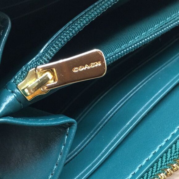Coach Viridian Green Gold Studded Script Zip Around Wallet Accordion Zip Wallet - Picture 13 of 16